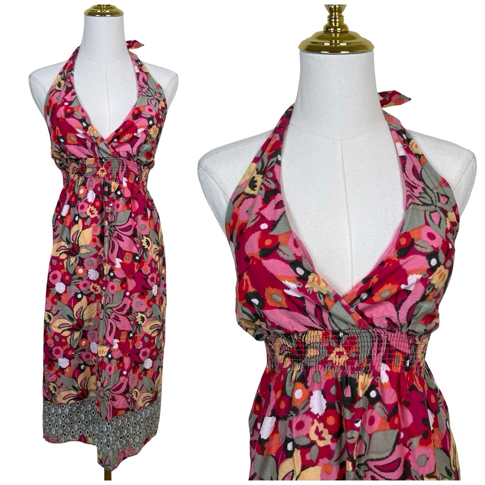 Vintage No Boundaries Halter Dress Womens L Pink Floral Smocked Waist Boho Y2K